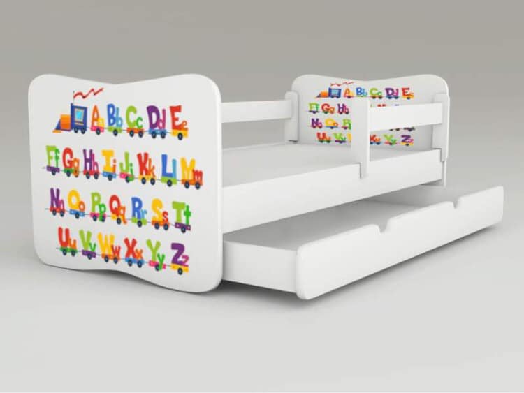 Detská posteľ s odnímateľnými bočnicami +šuflík Abeceda vlak